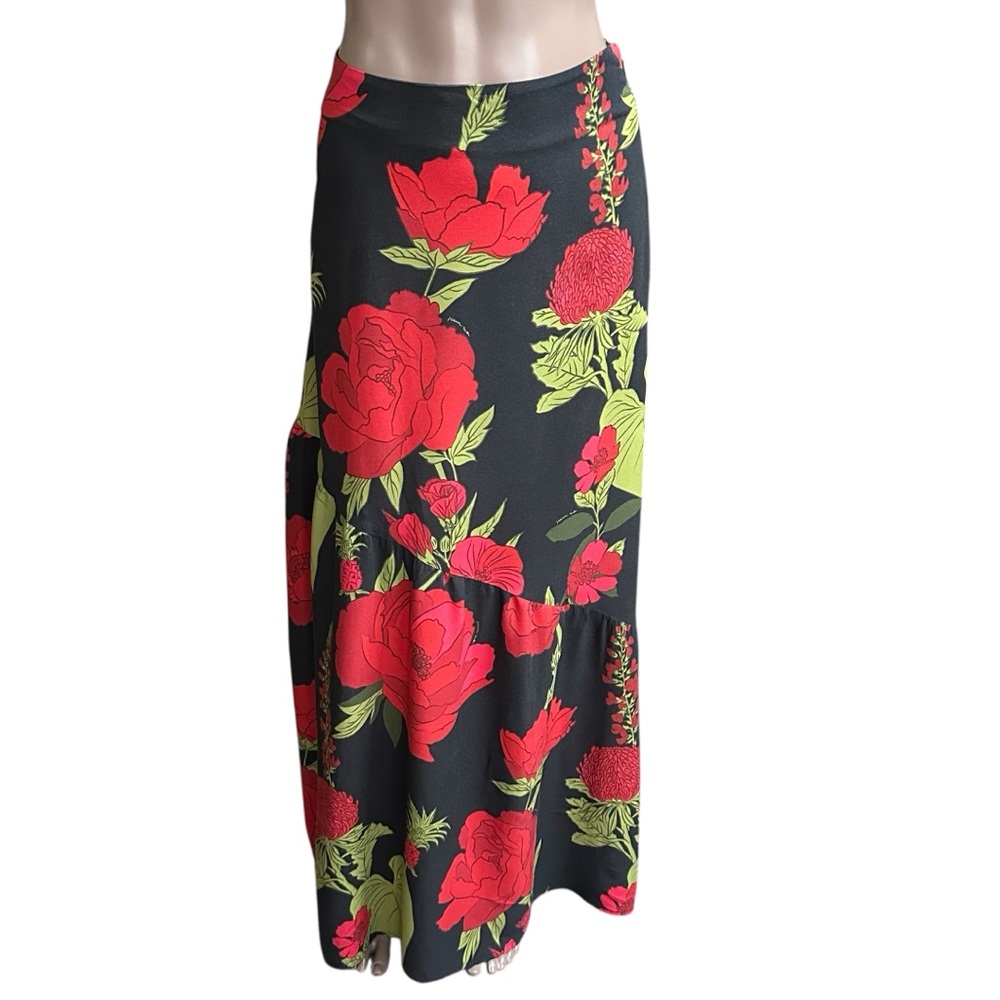 Farm Rio Floral Maxi Slip Skirt Asymmetrical Ruffle Red Black Small S - Picture 2 of 11